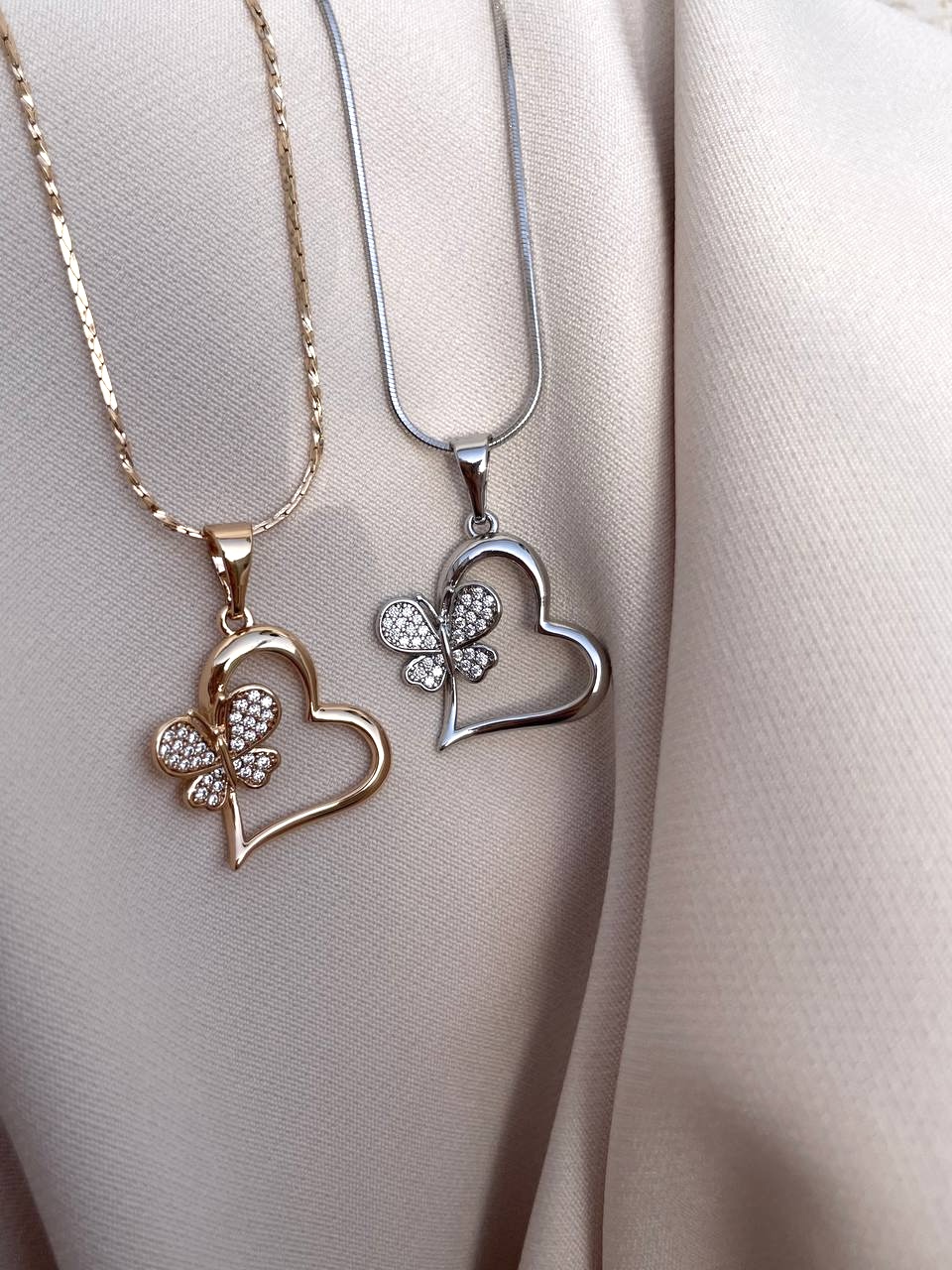 گردنبند قلب و پروانه ژوپینگ طلایی و نقره ای