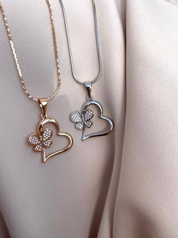 گردنبند قلب و پروانه ژوپینگ طلایی و نقره ای
